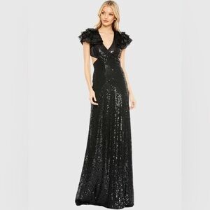 MAC DUGGAL Black Ruffle Shoulder Sequin Embellished Gown